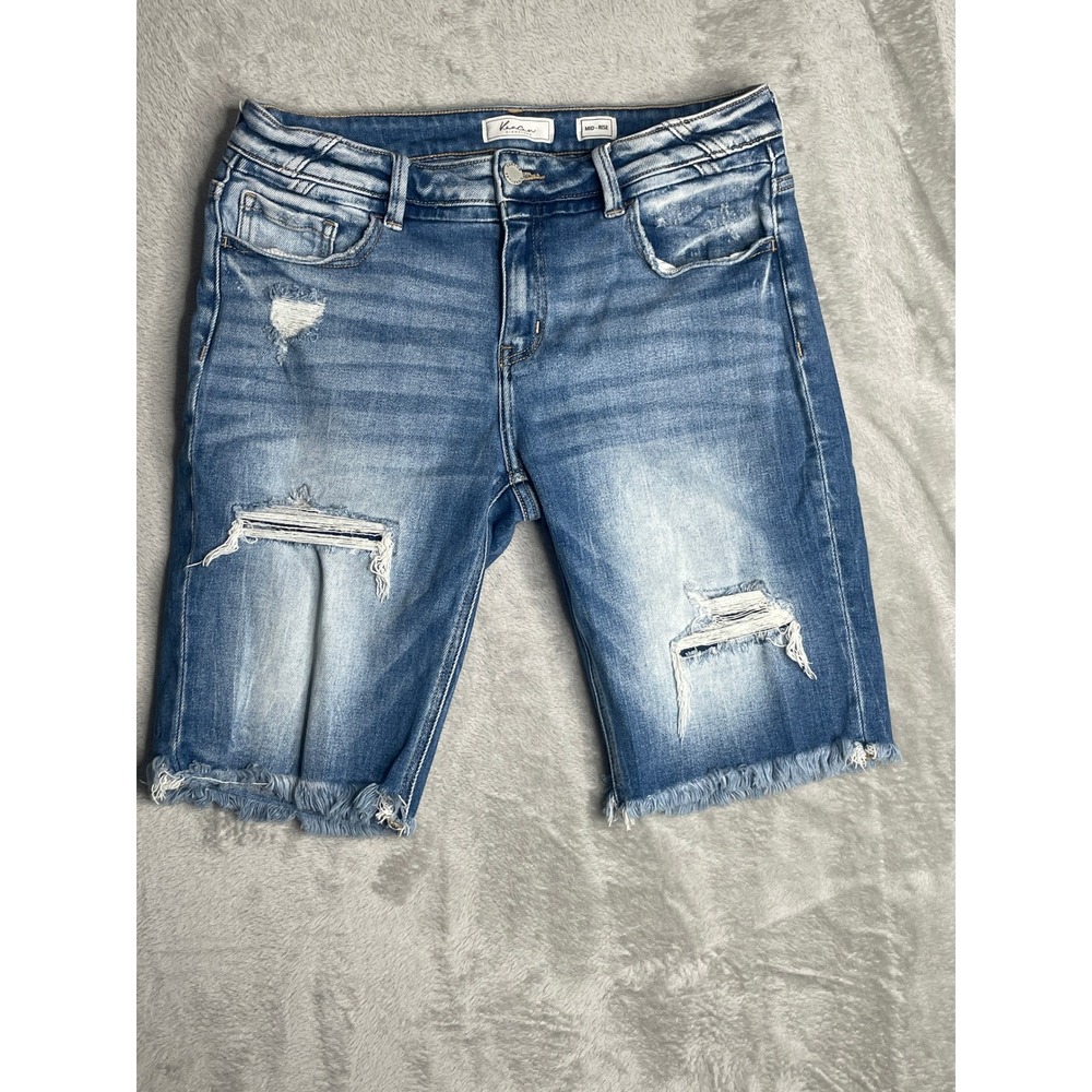 KanCan Signature Mid-Rise Distressed Denim Bermuda Shorts Blue Women Size 31